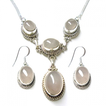 925 sterling silver pink rose quartz necklace and earrings set